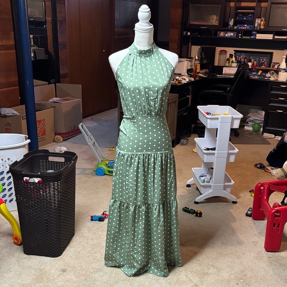 Green Polka Dot Halter Maxi Dress